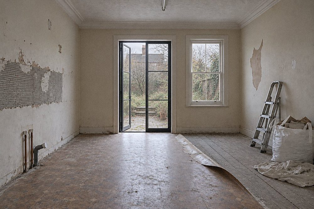 Before: the same room with the old kitchen ripped out: tired magnolia walls, ridges of tile adhesive where the splashback was, capped pipes where the sink will go and old vinyl half pulled up. Outside, the garden is overgrown.