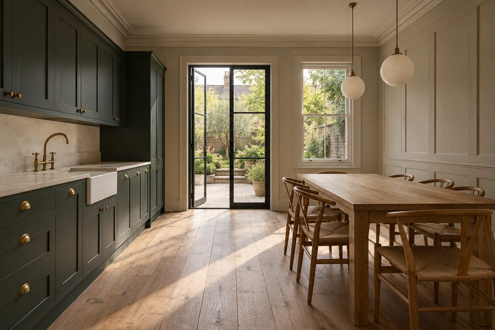 After: the finished kitchen-diner, with deep green cabinets, a pale stone worktop, an oak table and tall glazed doors to the garden.