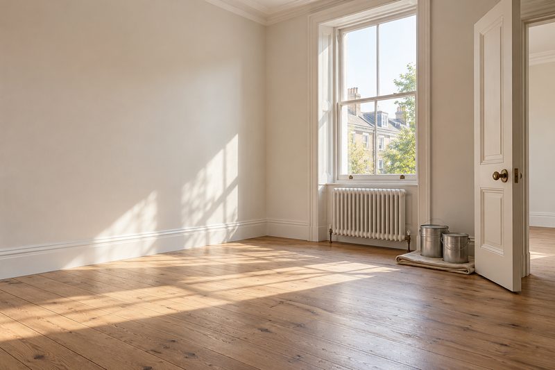 An empty, freshly painted room with oak floorboards and morning light from a sash window.